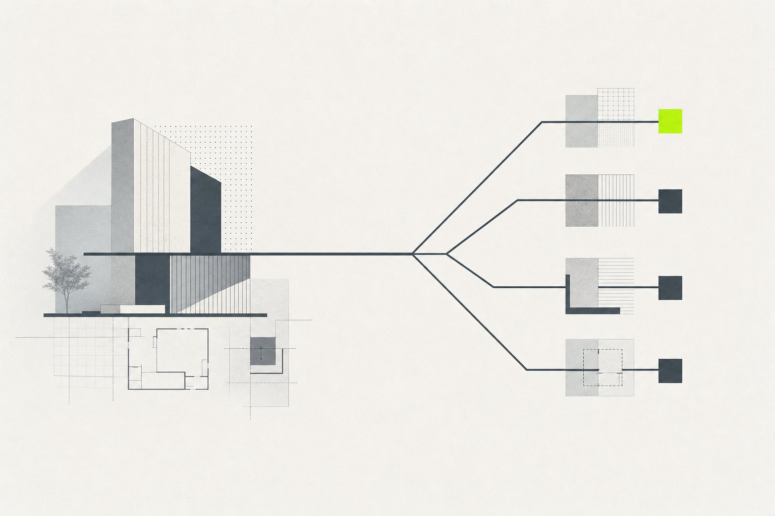 Branching diagram splitting into four advisory lines