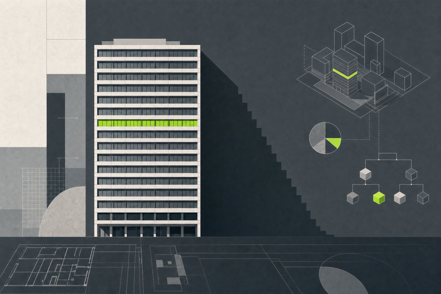 Fifteen-storey office block elevation with a stepped shadow
