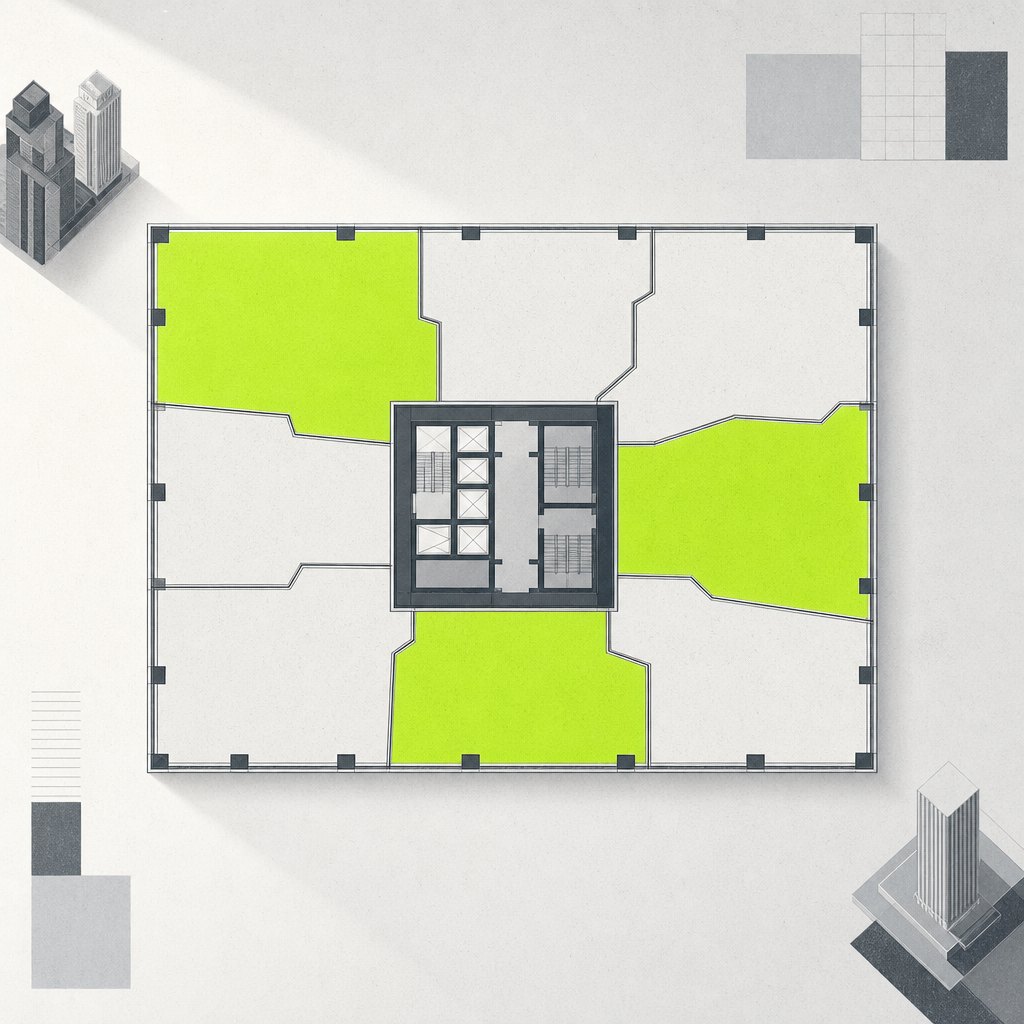 Rectangular floor plate divided into tenant zones