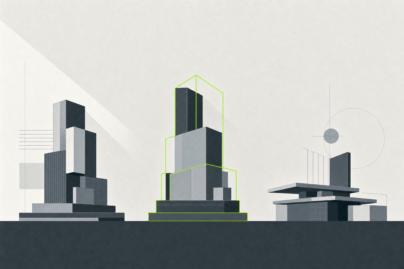 Three separate geometric platforms of different shapes on one baseline