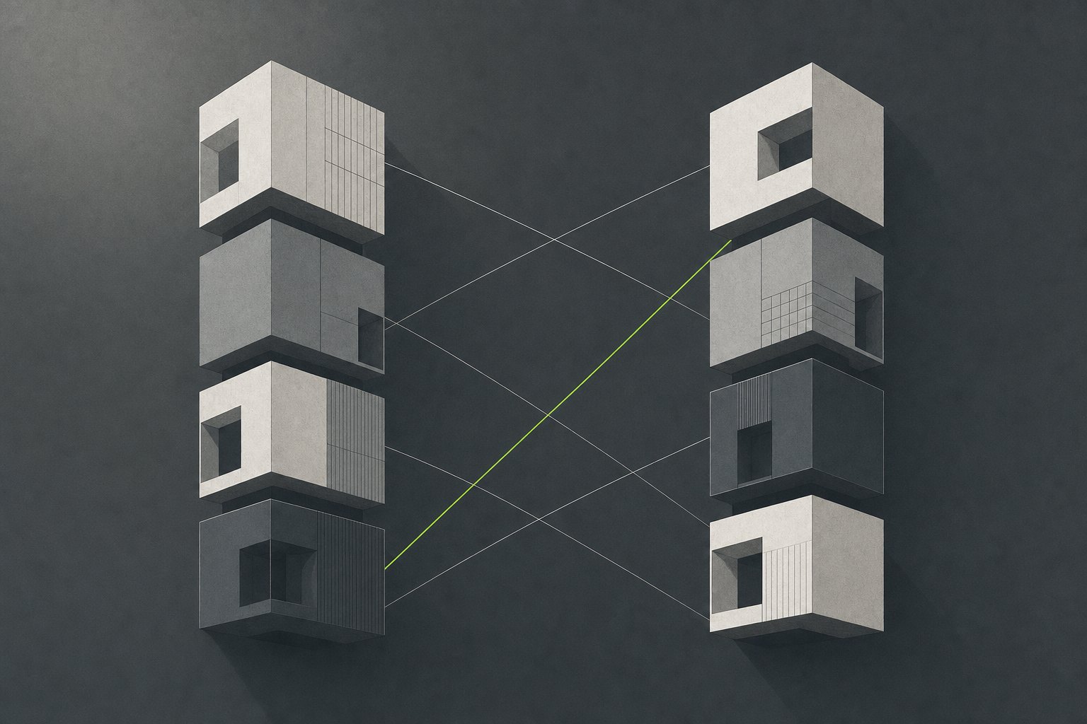 Two columns of stacked blocks connected by crossing lines