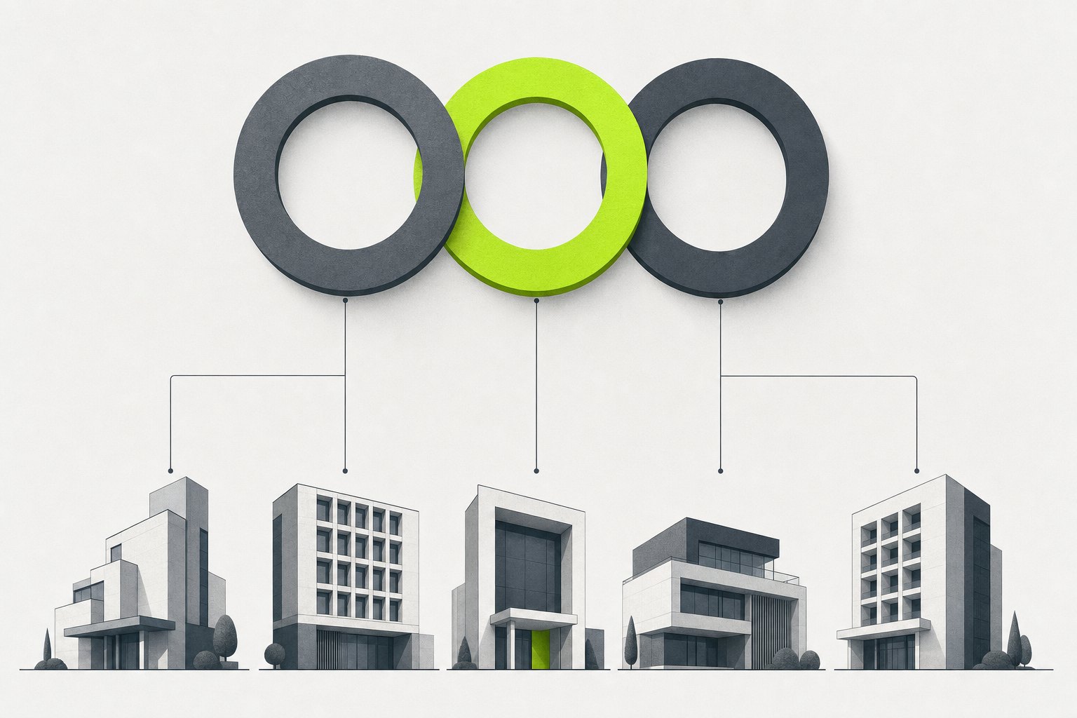 Three interlocking rings above a row of hotel forms