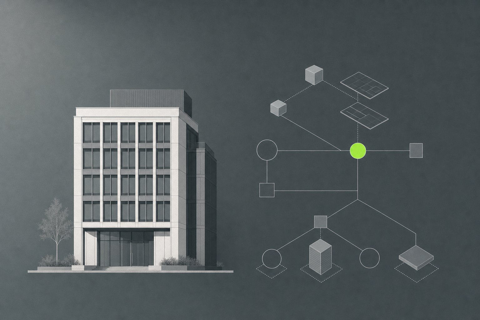 Elevation of a mid-rise office block with an ownership diagram overlaid