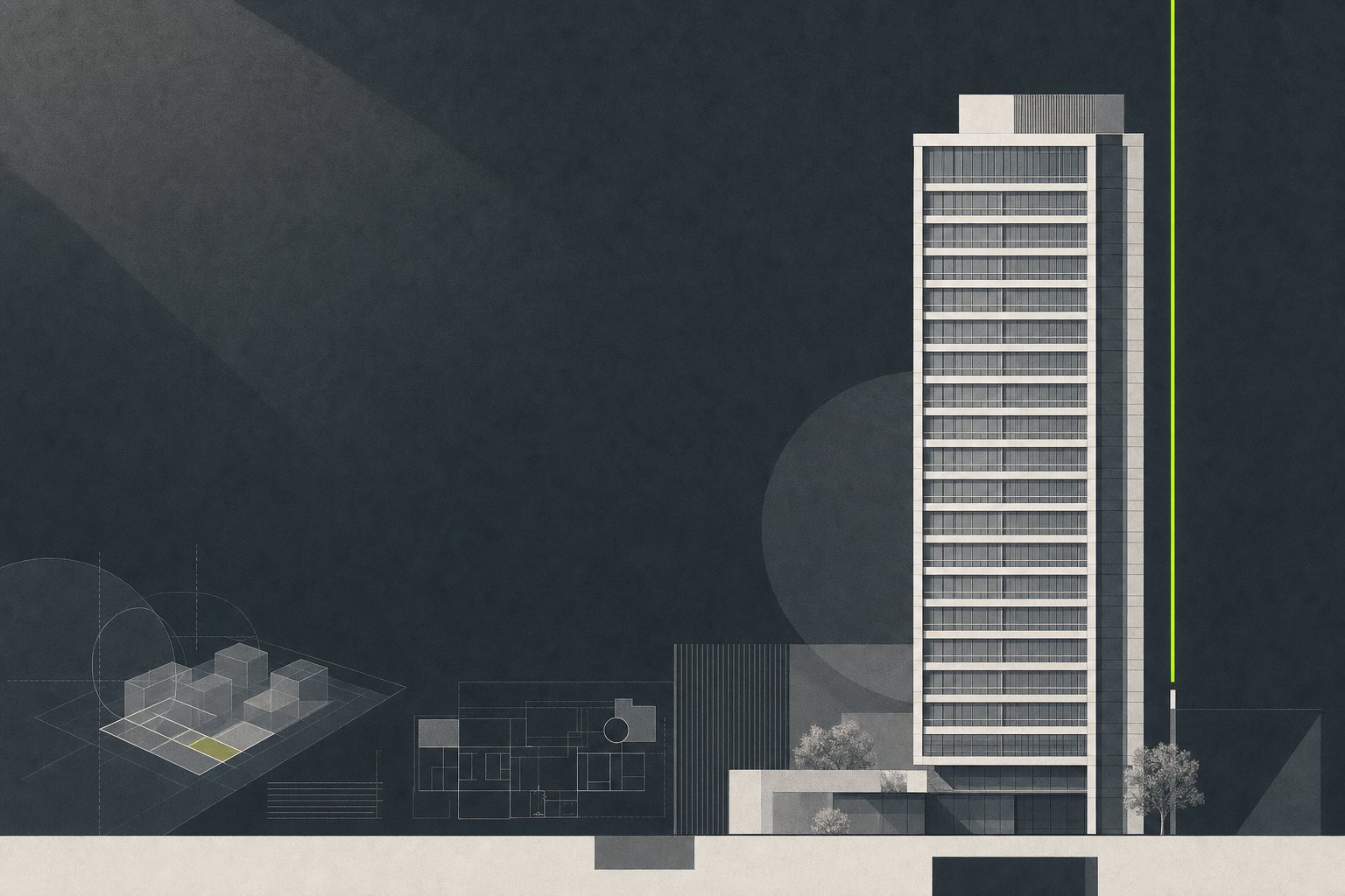 Tall hotel tower elevation against a wide graphite field with an ownership rail