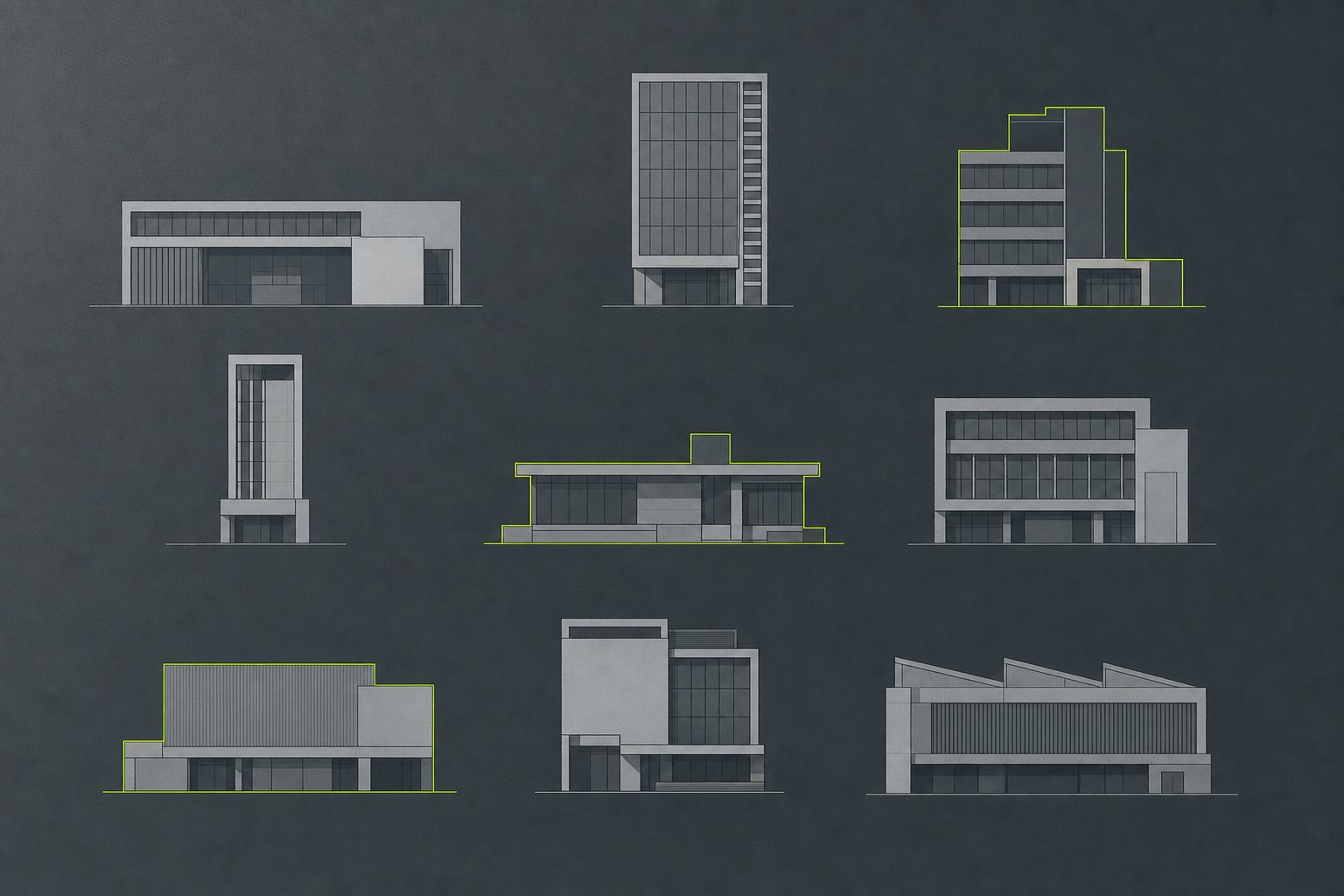 Grid of nine building elevations of differing heights on a graphite field