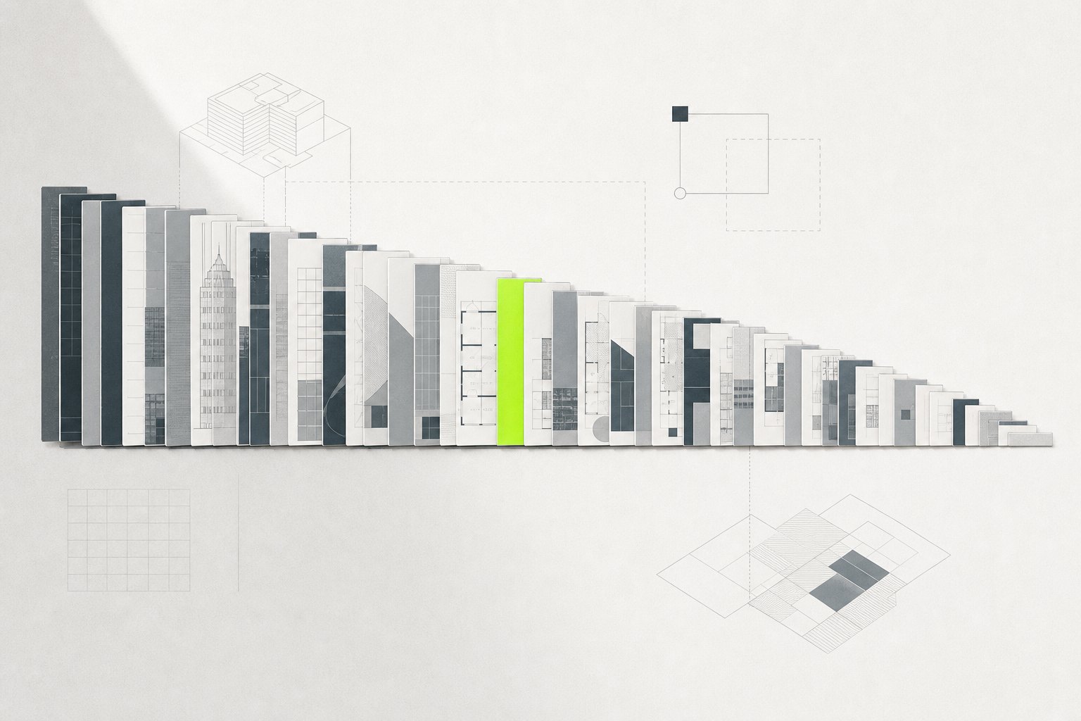 Horizontal timeline band of stacked rectangular records thinning toward the right