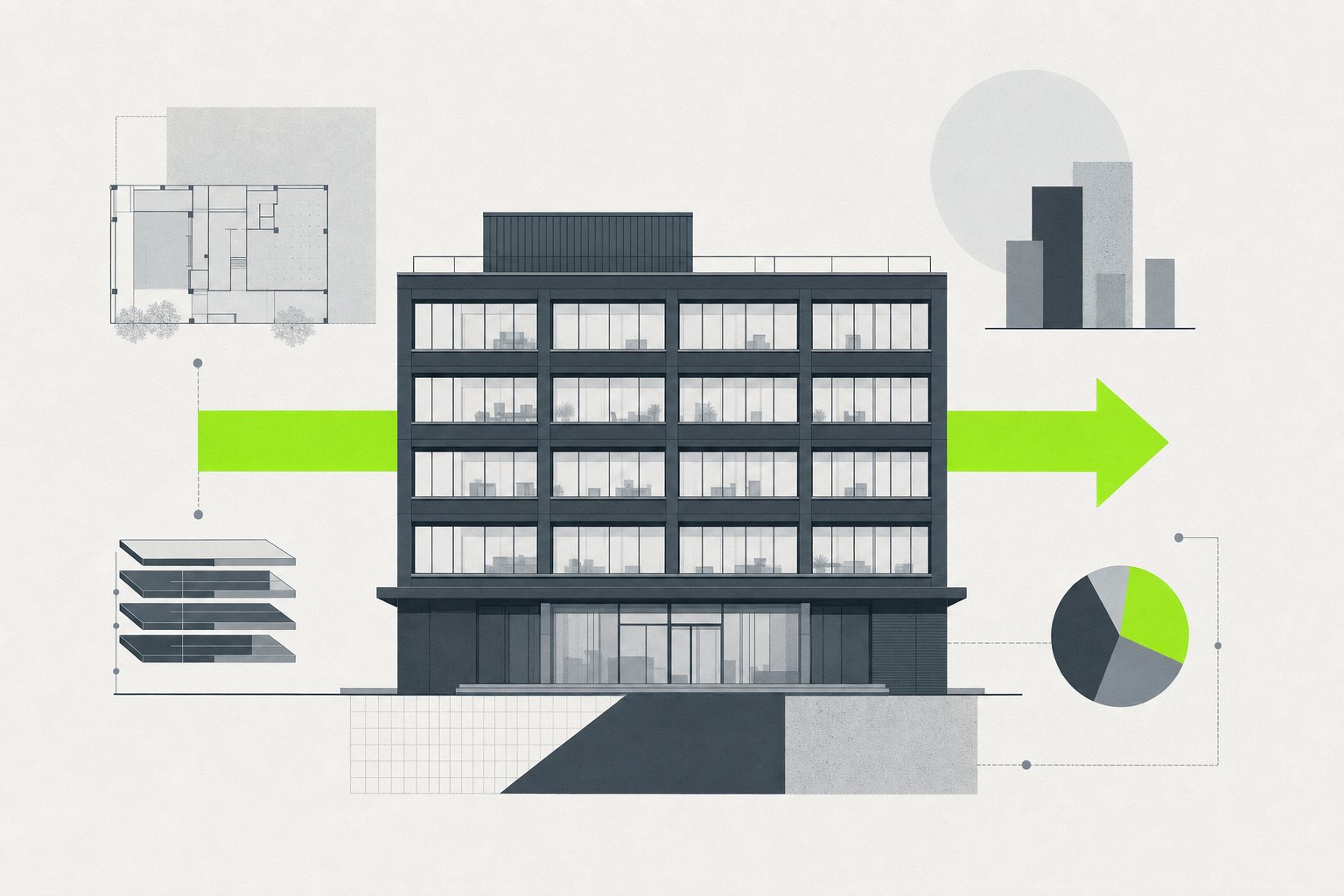 Office block elevation with a transfer arrow crossing it