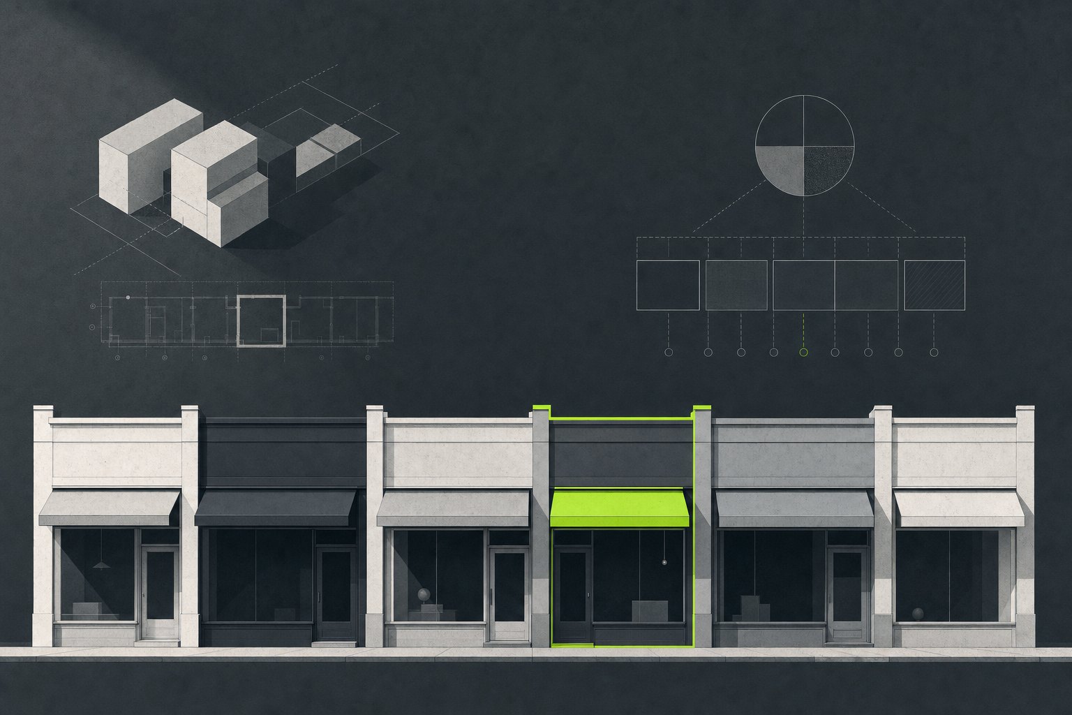 Low retail street elevation of joined shopfronts
