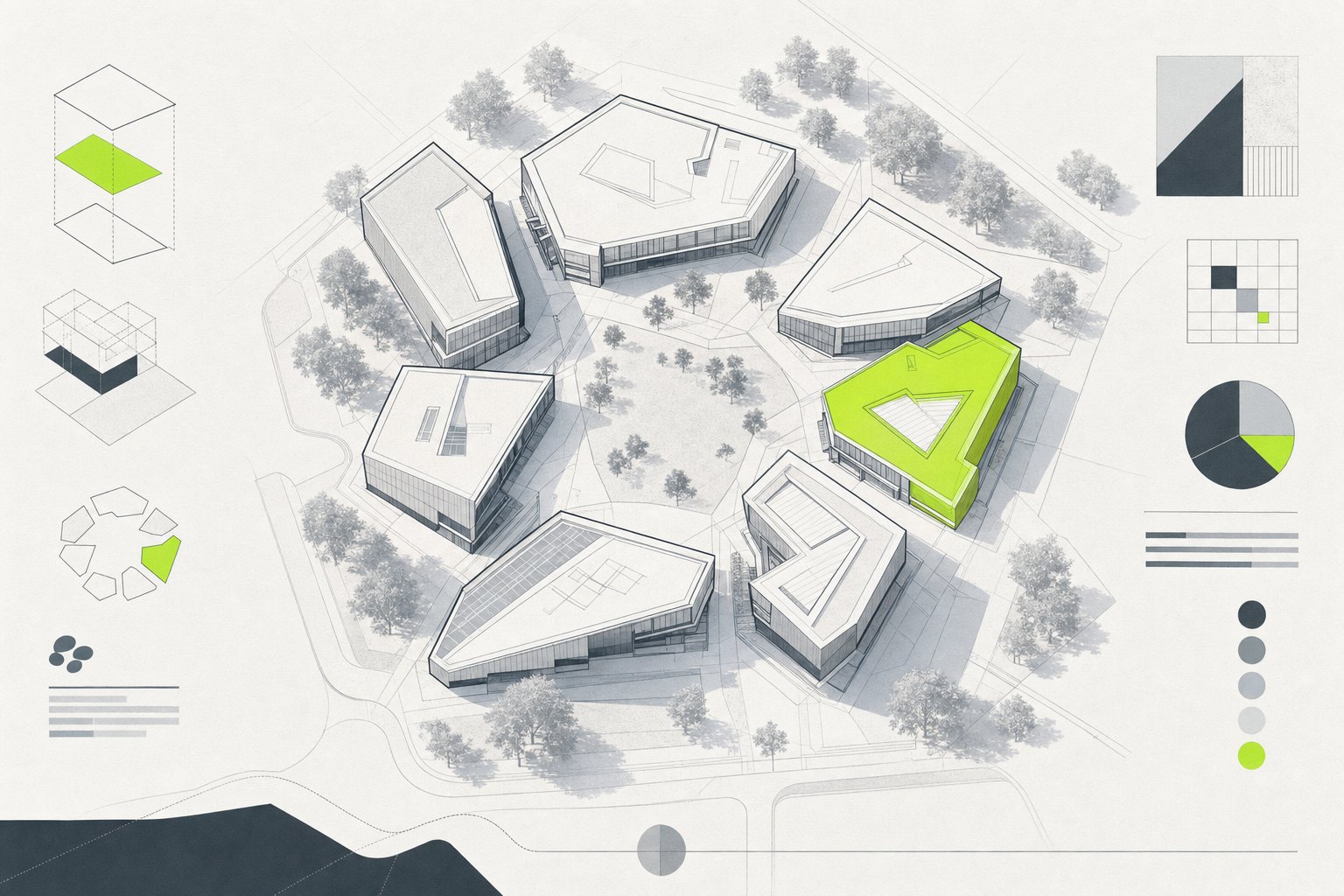 Campus block plan with one new building form highlighted
