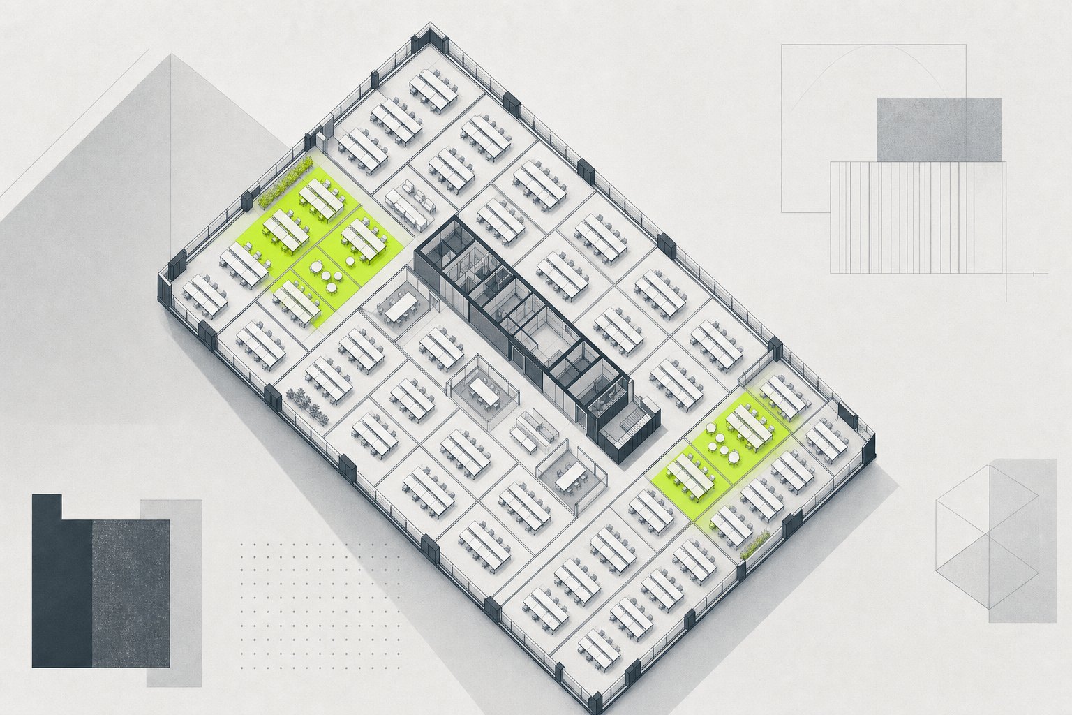 Open plan grid of repeated desk modules with partitions
