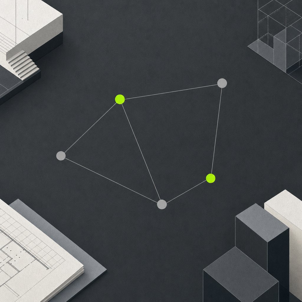 Abstract point map of five locations joined by thin lines