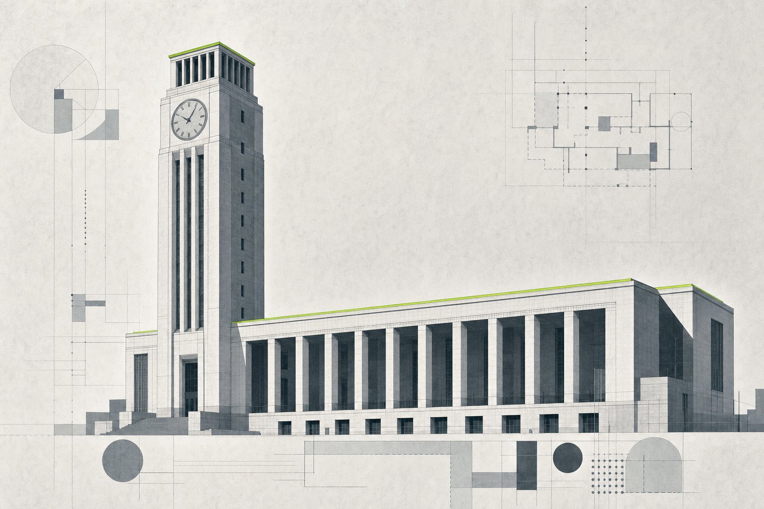 Monumental clock tower elevation with a long colonnade base