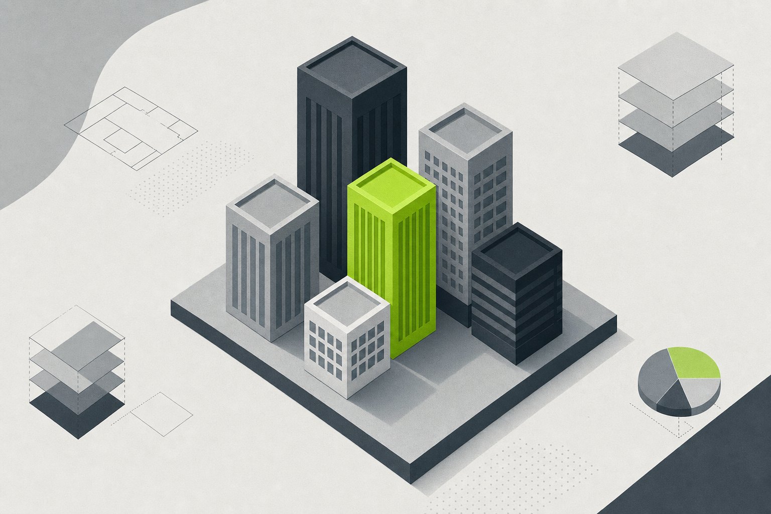 Isometric cluster of small building blocks on a plinth