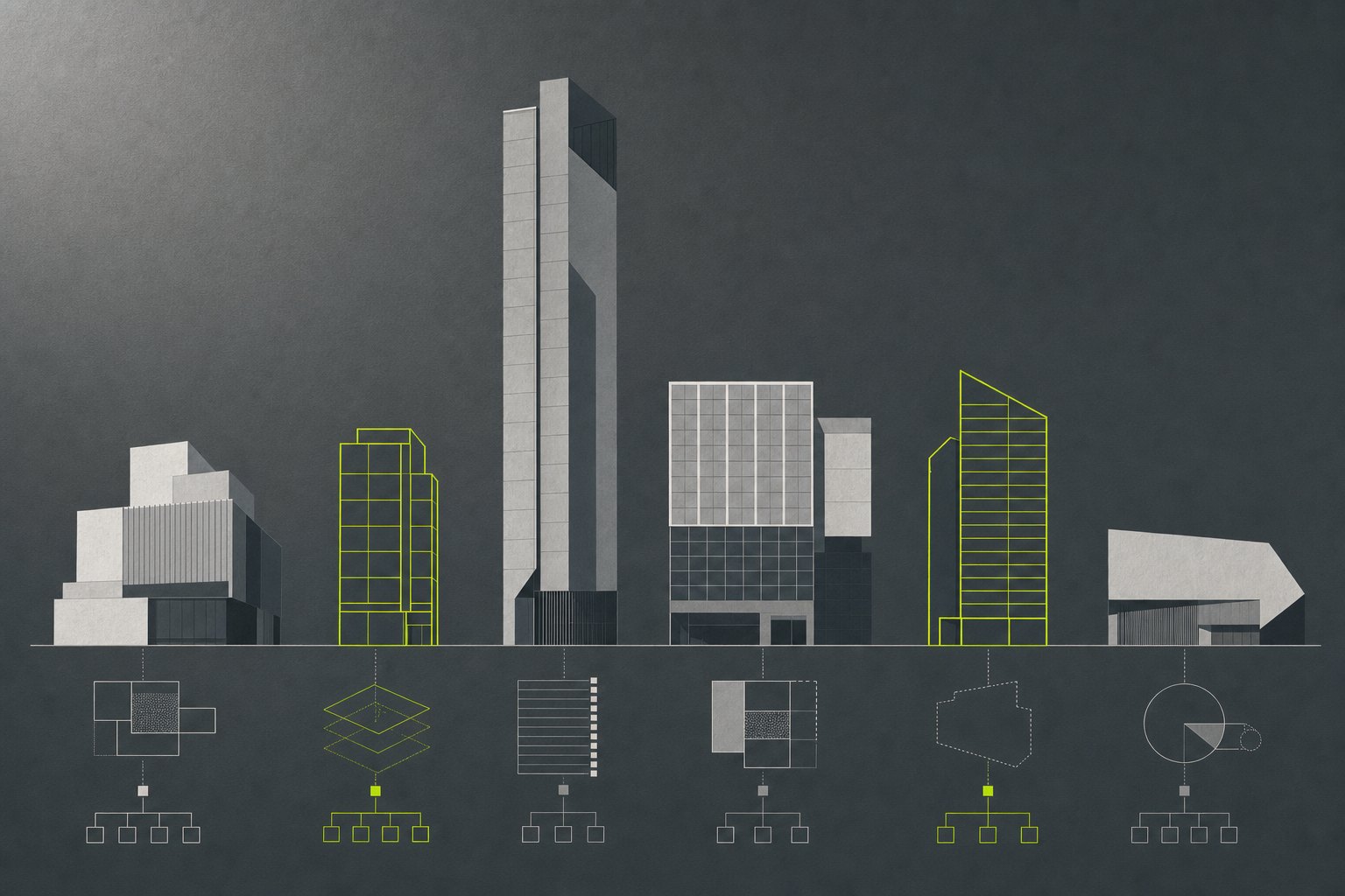Row of six building silhouettes of differing heights