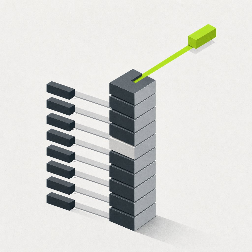 Column of blocks in which most exit sideways and only one exits upward