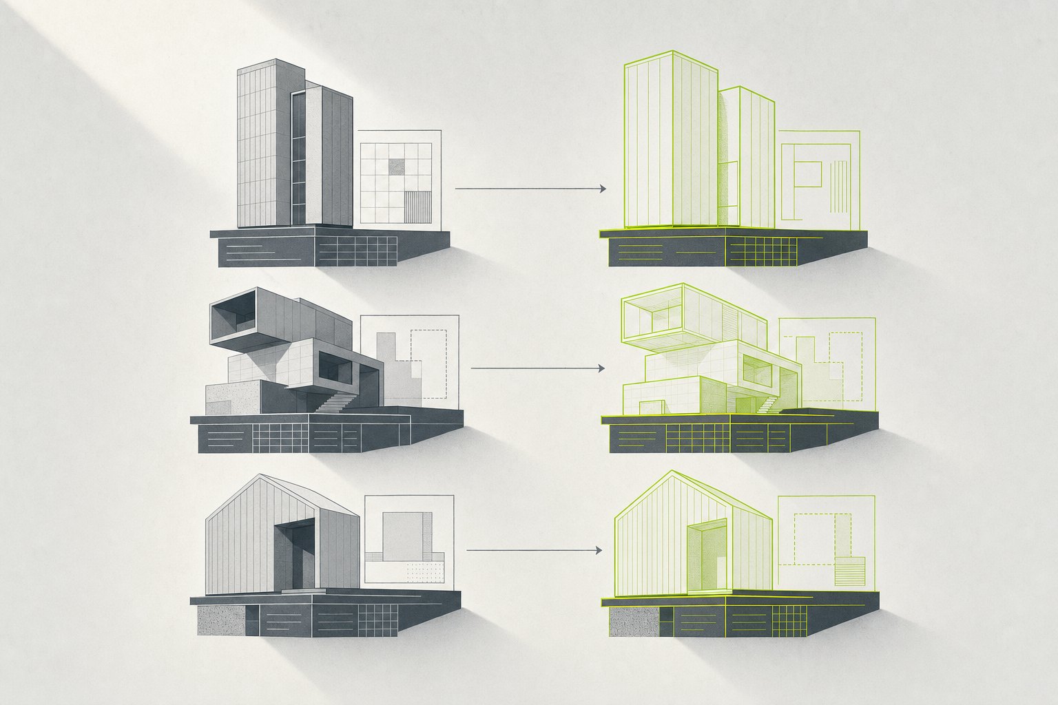 Two facing columns of building forms connected by transfer arrows