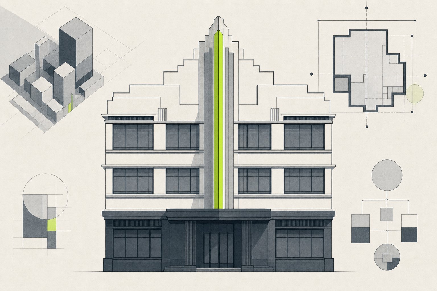 Art-deco hotel elevation with stepped parapet and vertical fin