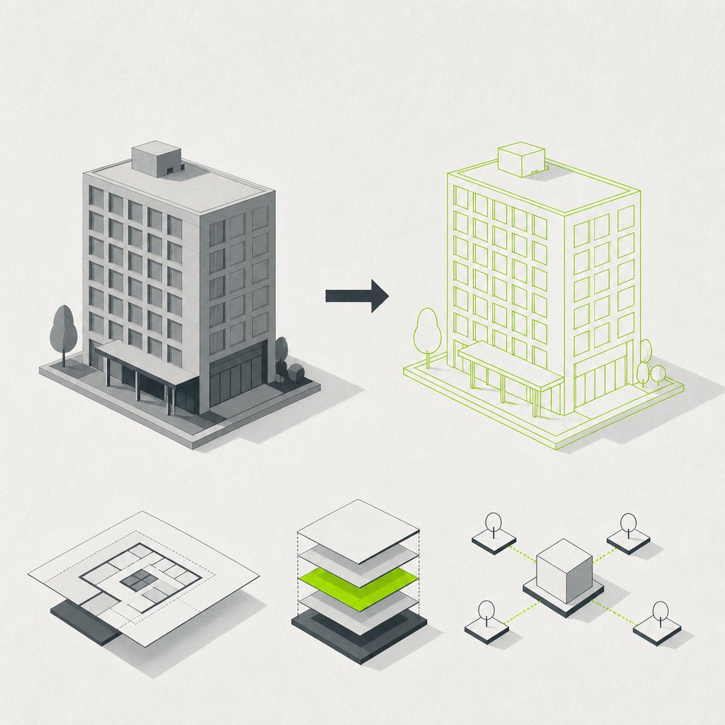 One building form shown twice with a transition arrow